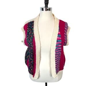 Sweater Vest Handmade Knit Vintage Women Size 1X 2X Open Front Cream Pink Multi